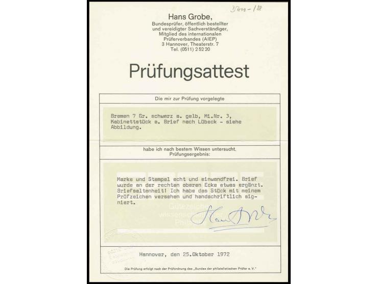 7 Gr. auf rötlichgelb, voll- bis breitrandig (rechts kurzer Flachriß außerhalb des Markenbildes), mit Ra2 "BREMEN" auf Umschl