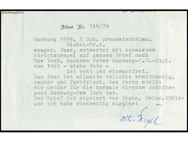 3 Sch. preußischblau im voll- bis breitrandigen und farbfrischen waagerechten Paar mit Strichstempel und beigesetztem rotem "