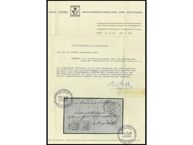 9 Sch. im waagerechtem Paar, im Zwischenraum längs der Schnittlinie zu 3/4 getrennt, voll- breitrandig bzw. oben rechts lupen