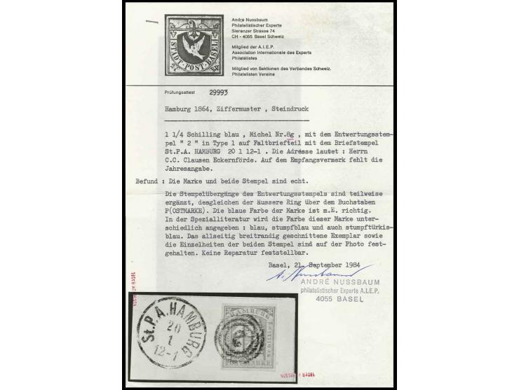 1 1/4 Sch. türkisblau, farbfrisch und allseits breitrandig, entwertet mit dänischem Ringstempel "2" (Stempelübergänge teilwei