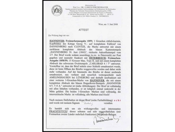 1 Gr. rötlichkarmin auf komplettem Faltbrief von "DANNENBERG 30 JUNI" nach Clentze, dann erneut in Österreich aufgegeben und 