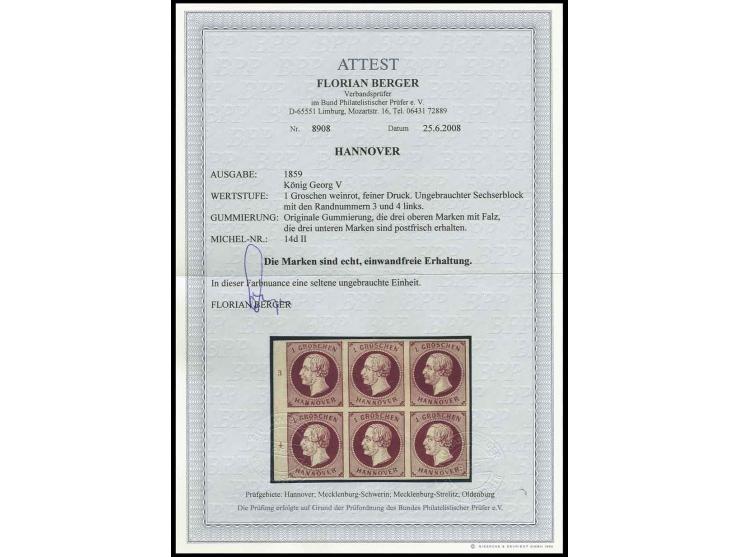 1 Gr. weinrot, feiner Druck im waagerechten 6er-Block vom linken Bogenrand mit Reihenzählern "3" und "4", farbfrisch und alls