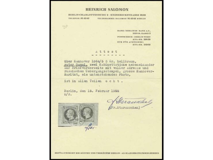 3 Gr. hellbraun, zwei tadellos durchstochene Werte, entwertet mit DKr. "AURICH 18 10" (1864) auf großem Teil eines Briefes na