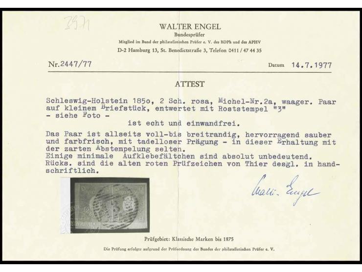 2 Sch. rosa im waagerechten Paar, sehr schön farbfrisch und mit guter Prägung, allseits voll- bis breitrandig, mit klarem Ros