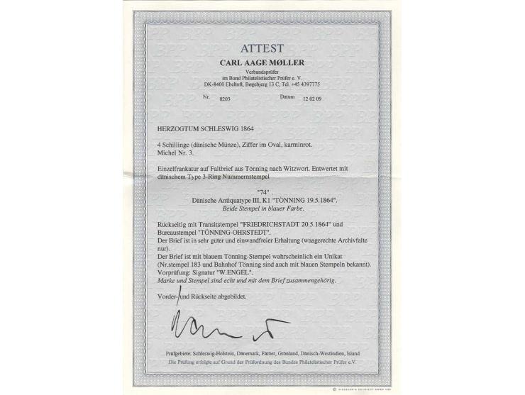 "74" in blau sauber auf 1864, 4 Sch. karminrot auf Faltbrief mit sauber nebengesetztem EKr. "TONNING 19 5 1864" nach Witzwort