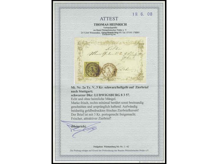 3 Kr. auf hellgelb, Type V, rechts leicht berührt, sonst breitrandig und farbfrisch mit Kr. "LUDWIGSBURG 8 3 57" auf vorder- 