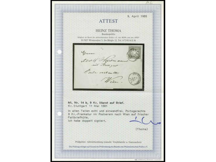 9 Kr. dunkelkarmin, gut gerandet und farbfrisch mit DKr. "STUTTGART 11 MAI 1861" auf Falthülle nach Wien mit Ankunftsstempel,