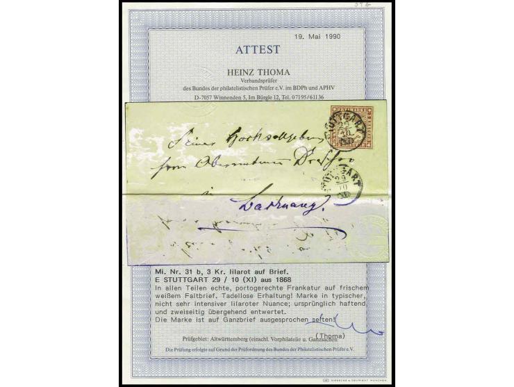 3 Kr. lilarot in typischer Nuance mit EKr. "STUTTGART 29/10" (1868) auf Falthülle nach Backnang mit Ankunftsstempel, Pracht, 