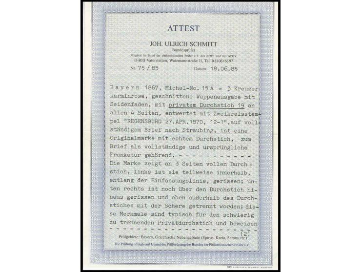 3 Kreuzer karminrosa mit privatem Durchstich mit DKr. "REGENSBURG 27 APR. 1870" auf Faltbrief nach Straubing mit Ankunftsstem