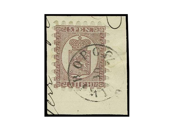 5 P. rötlich-lilabraun auf hell-lila getöntem Papier, Durchstich B, farbfrisch mit sauberem EKr. "WIBORG 30. .. 1873" auf Bri