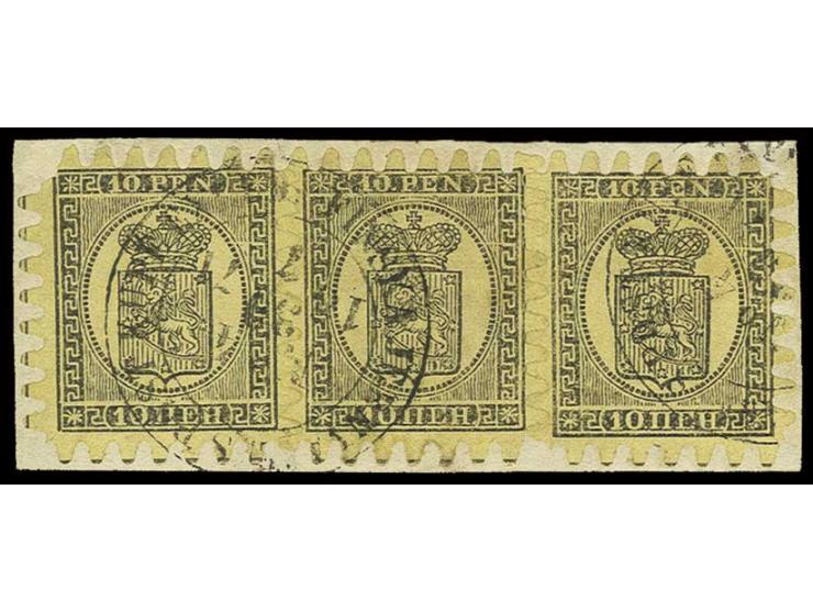 Durchstich C: 10 P. auf einfachem strohgelbem Papier im waagerechten 3er-Streifen, links oben eckrund, sonst gut erhaltener D
