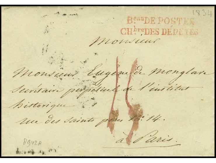 1834, "B.eau DE POSTES CH.bre DES DEPETES", roter L2  auf Faltbrief nach Paris, vorderseitig mit rotem Taxvermerk und Transit