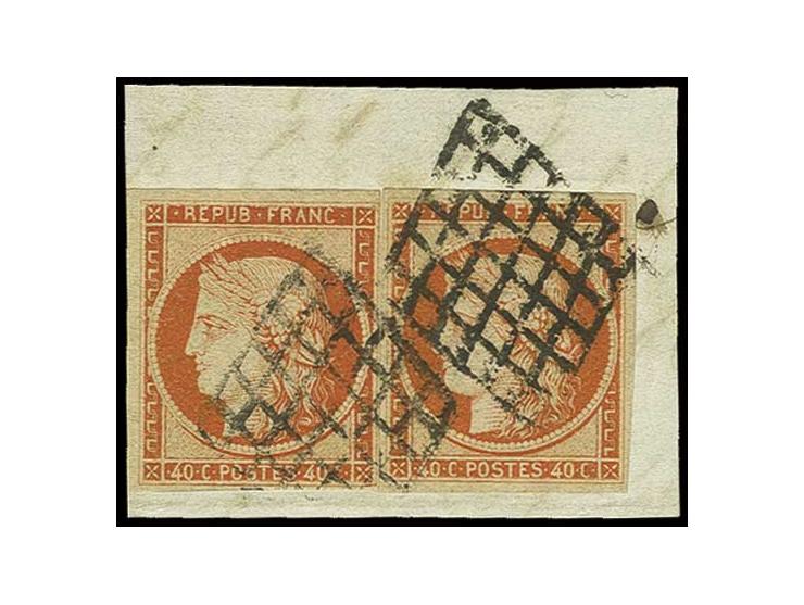 40 C. rotorange, zwei voll- bis breitrandige farbfrische Werte mit jeweils Vollgitterstempel auf Briefstück, Pracht (Mi. 1100
