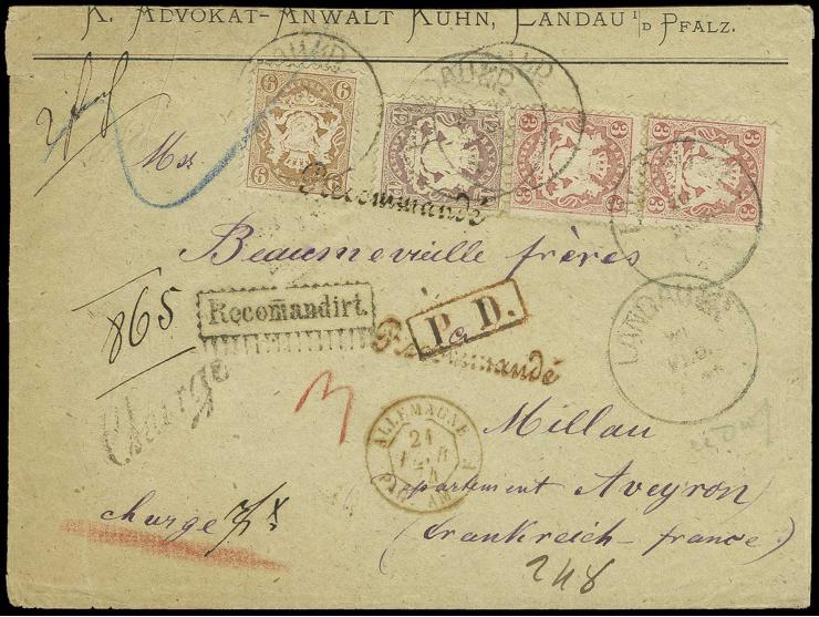 12 Kreuzer lila mit weite Rauten 3 Kreuzer rosa und 9 Kreuzer rotbraun mit EKr. "LANDAU i/d P. 20 FEB" auf Reco-Briefhülle na