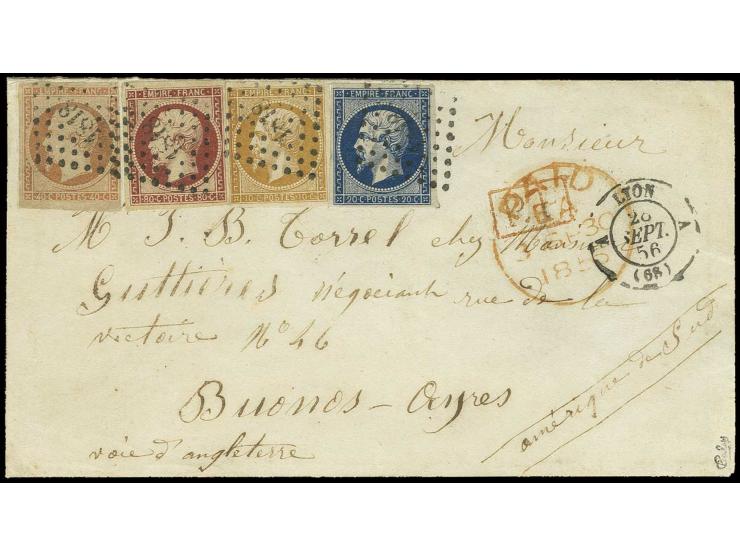 1853, Napoléon geschnitten: 80 C. karmin mit 10 C. orangebraun, 20 C. blau und 40 C. orange, die 40 C. rechts etwas angeschni