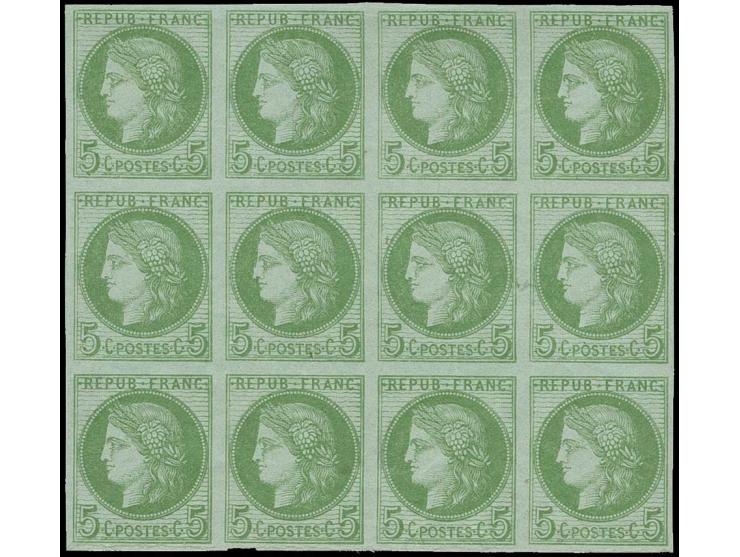 1871, Ceres 5 C. grün auf bläulich, ungezähnt im waagerechten 12er-Block, farbfrisch und allseits breitrandig, ungebraucht mi