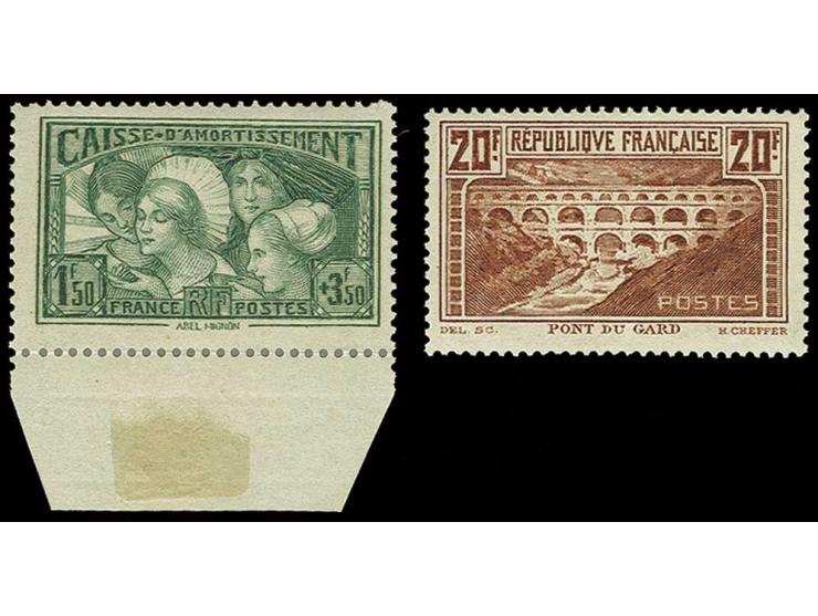 Bauwerke 20 Fr. sowie 1931, Staatsschulden 1,50 Fr., postfrisch, letztere Unterrandstück mit Falz im Rand, Kabinett (Mi. 690,