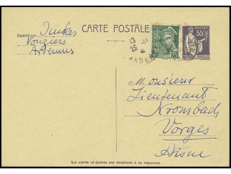 1938, Doppelkarte Allegorie 55 C. mit Zusatz 25 C. (stockig) gebraucht,  Antwortkarte ungebraucht (Mi. 750,-)