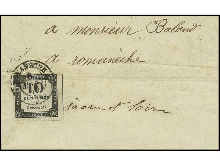 1859, 10 C. schwarz, voll- bis überrandig, leichte waagerechte Knitterspur, gestempelt "ROMANECHE 8 MARS 69" auf Faltbriefhül