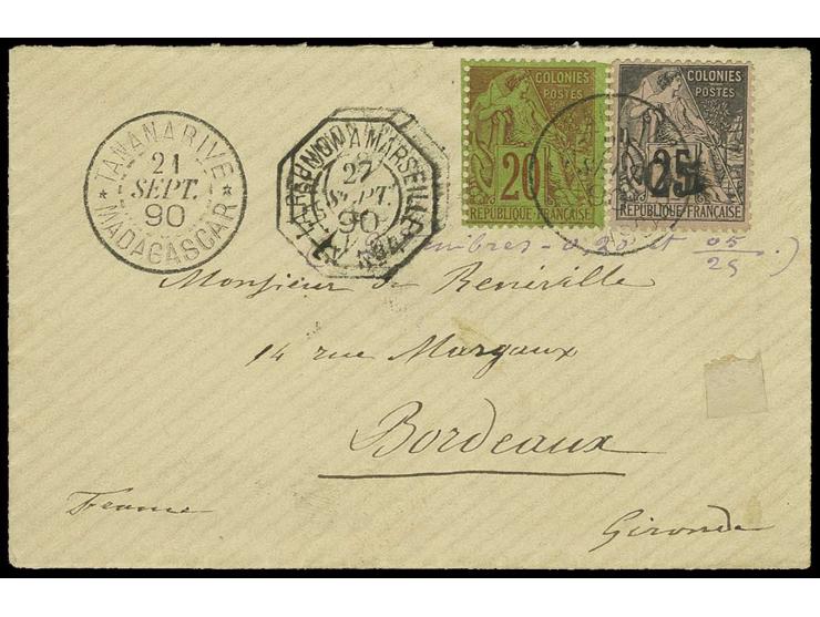 1889, 05 C. auf 25 C. und Französische Kolonien Allgemeine Ausgabe 20 C. auf Brief von "TANANARIVE 21 SEPT. 90" nach Bordeaux