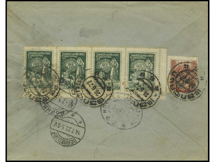 1922,  Allegorie 5000 R. im waagerechten Viererstreifen aus der rechten unteren Bogenecke und Hungerhilfe 3000 R. auf R-Brief