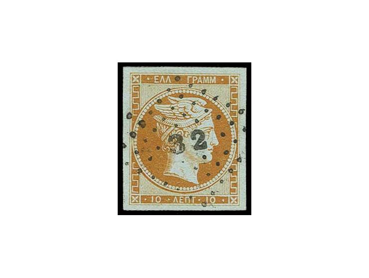 1861, Pariser Druck 10 L. orange auf bläulich mit zentrischem Nummernstempel "32", allseits breitrandig und farbrisch, Luxus,