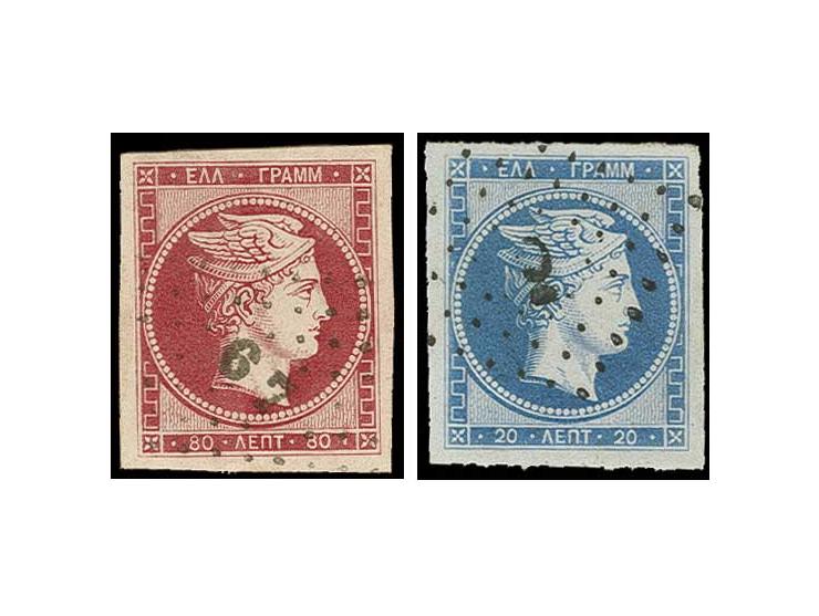 20 L. hellblau auf bläulich und 80 L. karmin auf rosa, jeweils allseits breitrandig und farbfrisch mit klarer Entwertung, Lux