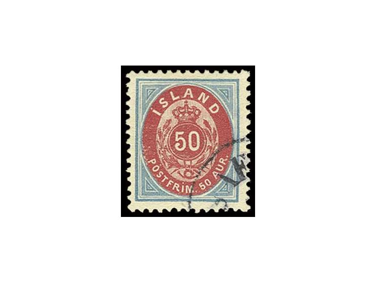 1892, 50 A. hellblau/rosa in Zähnung 12 3/4 mit Teilabschlag des EKr. "ISAFJÖRDOR", Kabinett, Fotoattest Möller (Mi. ohne Pre