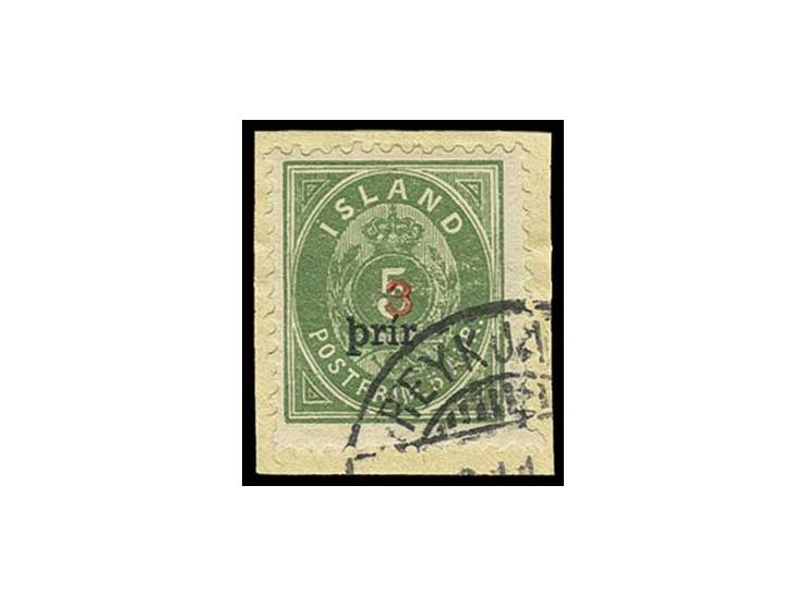 3 auf 5 A., Type II in Zähnung 12 3/4 mit sauberem Stempel "REYKJAVIK" auf kleinem Briefstück, Kabinett, sign. Grobe sowie Fo