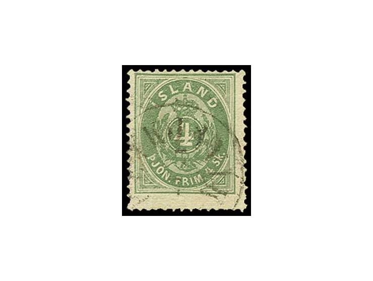 1873, 4 Sk. grün in Zähnung 14:13 1/2 mit zeitgerechtem EKr. "REYKJAVIK", bis auf wenige leicht stumpfe Zahnspitzen in tadell