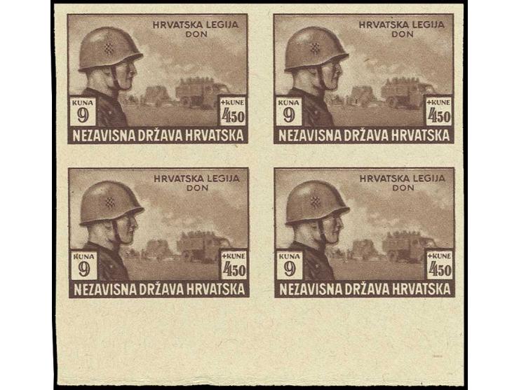 1943, Kroatische Legionäre 1-9 K. geschnitten auf dickem Kartonpapier, 4er-Blocks vom unteren Bogenrand, ungebraucht ohne Gum