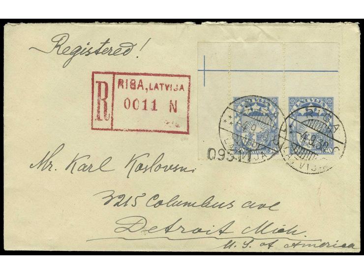 1927, Wappen 30 S. im waagerechten Paar aus der linken oberen Bogenecke, oben waagerecht ungezähnt, auf Brief von "RIGA 4.9.3