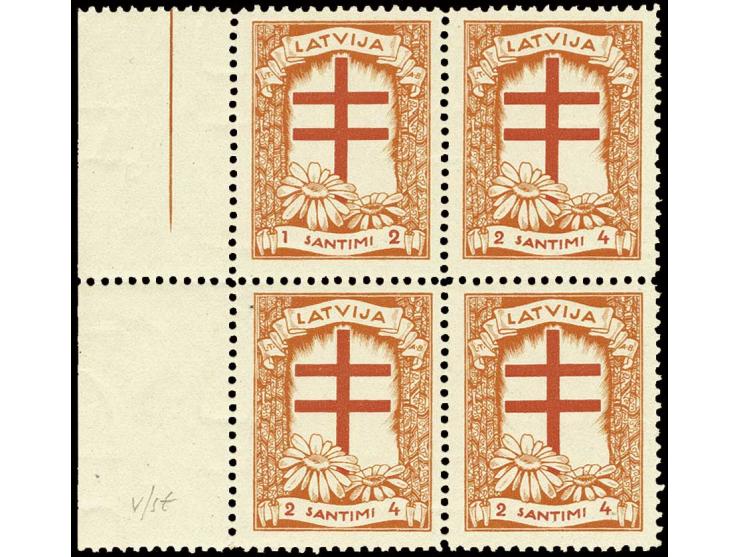 1930, Tuberkulose-Fürsorge 1 S., Farbfehldruck in orange/ziegelrot mit Normalmarken im 4er-Block vom linken Bogenrand, postfr