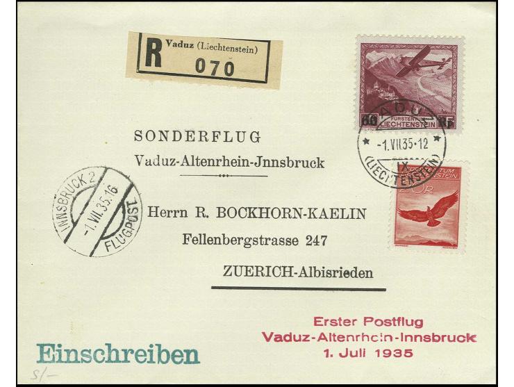 Flugpost 1 Fr. (2) mit Mi.-Nr. 109 und 110 (2) auf Zeppelinbrief sowie 1935, 60 Rp. auf 1 Fr. auf R-Brief vom 1. Postflug Vad
