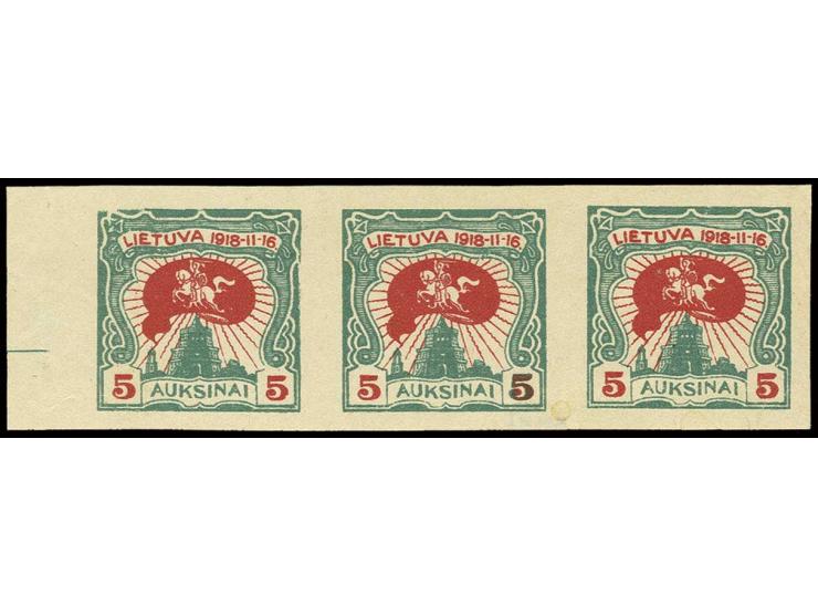 1920, Unabhängigkeit 5 A. ungezähnt im waagerechten Dreierstreifen mit linkem Bogenrand, mittlere Marke mit Abart "rechte Zif