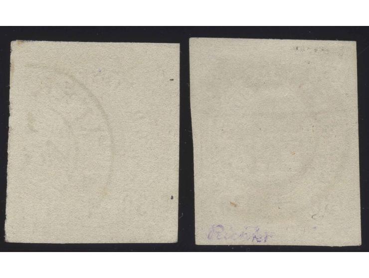 1859, geschnitten: 30 C. rotlila, 2 Stück in Nuancen, beide voll- bis überrandig, gestempelt (Mi. 500,-)