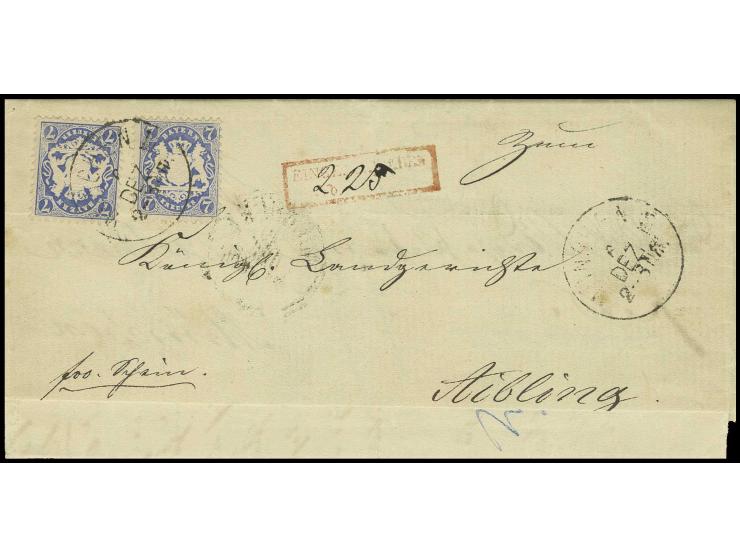 1875, Wasserzeichen weite Wellenlinien: 7 Kreuzer ultramarin, zwei Einzelwerte, farbfrisch und gut gezähnt mit EKr. "MÜNCHEN 