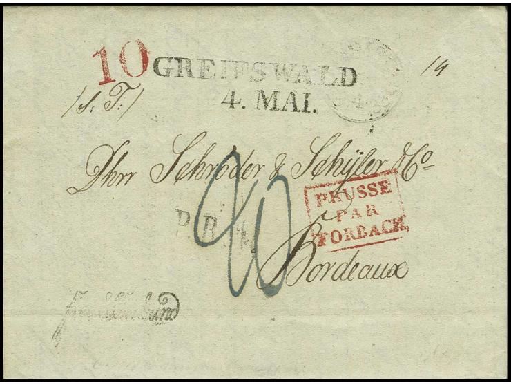 1833, kpl. Brief von Christiania nach Bordeaux mit L1 "fra. Stralsund", L2  "GREIFSWALD 4. MAI.", rotem Taxstempel "10" etc.