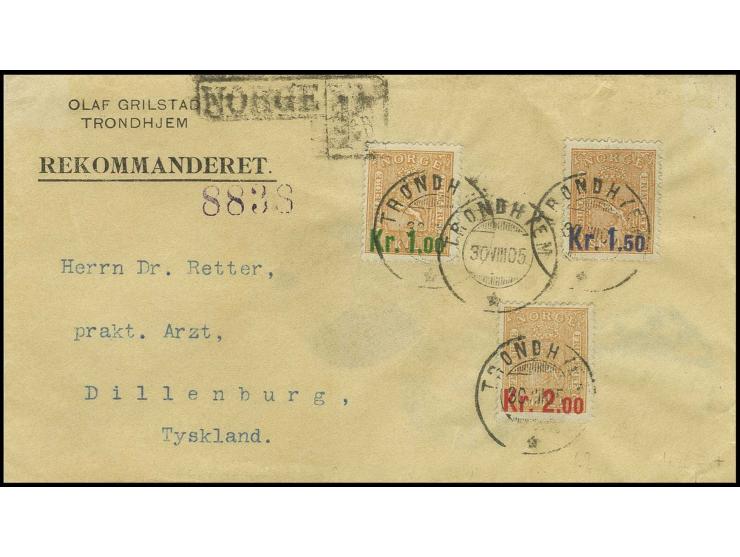 1905, 1-2 Kr. auf 2 Sk. mit jeweils Stempel "TRONDHEIM 30 VIII 05" auf R-Brief nach Dillenburg mit Durchgangsstempel "CHRISTI