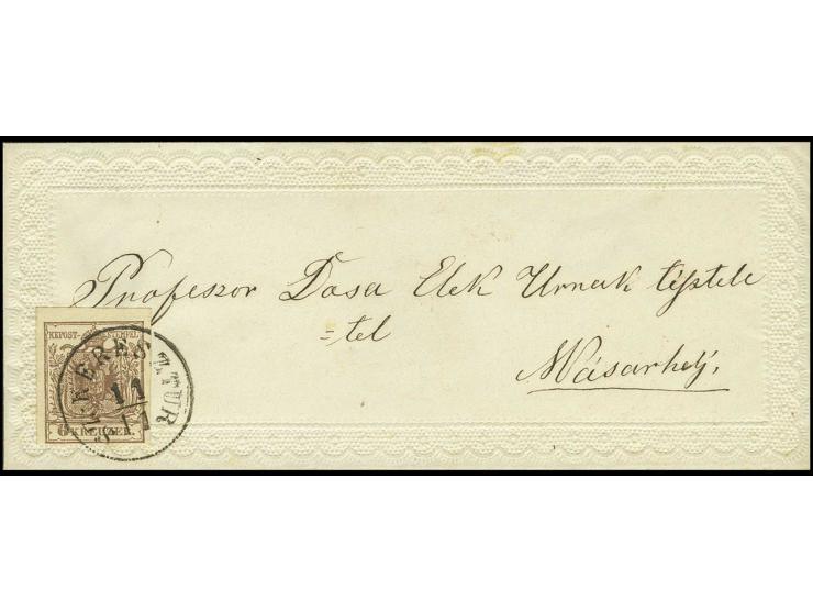 1854, Maschinenpapier: 6 Kr. braun, voll- bis breitrandig mit EKr. "SZ KERESZTUR" auf entzückendem Präge-Zierbrief (rückseiti