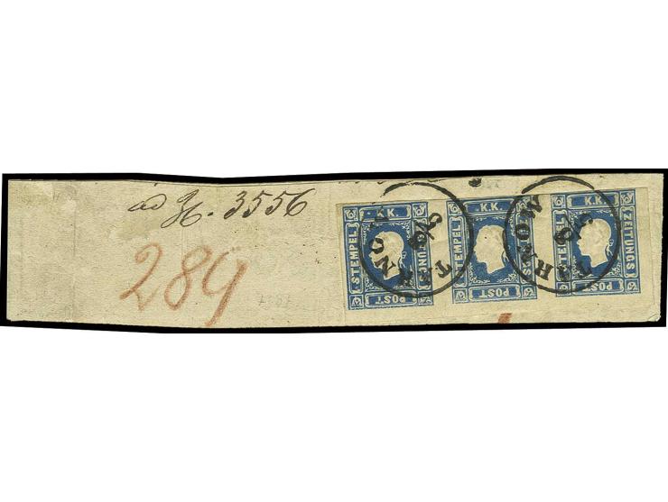1,05 Kr. blau im waagerechten 3er-Streifen in zwei unterschiedlichen Nuancen, oben kleine Stelle berührt, sonst 3seitig breit