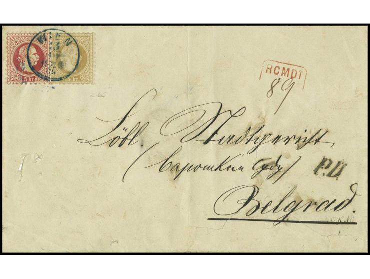 1867, Franz Joseph, grober Druck: 5 Kr. rosa und 15 Kr. braun vorderseitig sowie rückseitig 2 Kr. gelb und 3 Kr. grün auf Rec
