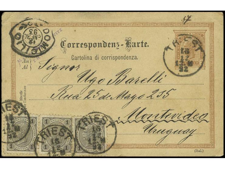 1890, 1 Kr. schwarz, drei Werte als Zusatzfrankatur auf Ganzsachenkarte 2 Kr. von "TRIEST  ...92" nach Montevideo, vorderseit