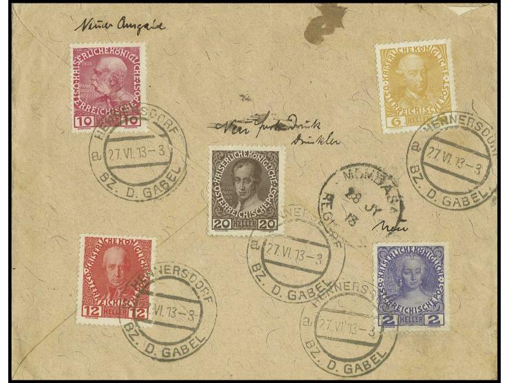 1908, Regierungsjubiläum 2 H. und 6-20 H. rückseitig auf R-Brief von "HENNERSDORF 27.VI.13 BZ. D. GABEL" nach Mombassa mit An