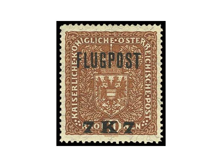 unverausgabte Flugpostmarke  7 Kr. auf 10 Kr. rotbraun gezähnt, postfrisch, Pracht, sign. (Mi. 1800,-)