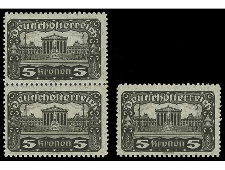 1919, Parlamentsgebäude 5 Kr., gez. 11½:12½, senkrechtes Paar sowie eine Einzelmarke, postfrisch, Pracht, Befund Ferchenbauer