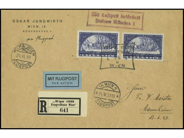 Wipa 50 Gr. auf gewöhnlichem und Faserpapier, entwertet mit Sonderstempel "KONGRESSHAUS 24.6.33" auf Flug-R-Brief mit Sonder-