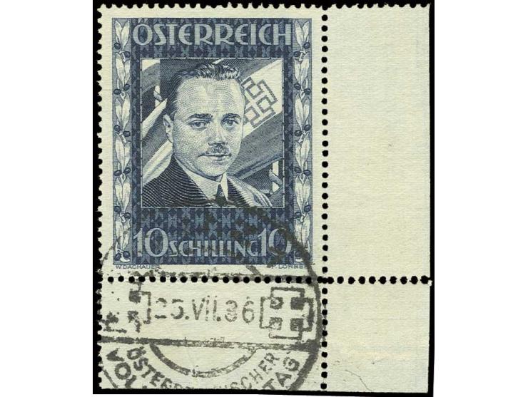 10 Sch., rechtes unteres Eckrandstück mit Ersttags-Sonderstempel, Unterrand gefaltet und etwas angetrennt, Pracht (Mi. 1100,-