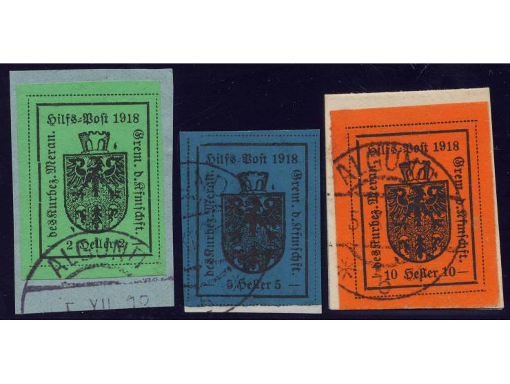 HILFSPOST MERAN: 1918, I. Ausgabe 2-10 H. (5 H. Eckrandstück mit um 45 Grad versetztem Doppeldruck) zusammen auf philatelisti