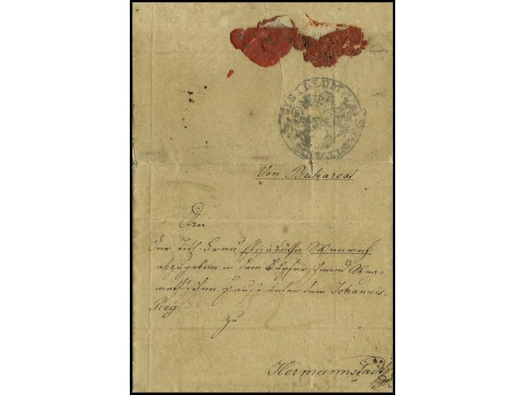 1829, kpl. Faltbrief von Bukarest nach Hermannstadt, rückseitig Sanitätsstempel und unvollständiges Lacksiegel von Rothenthur